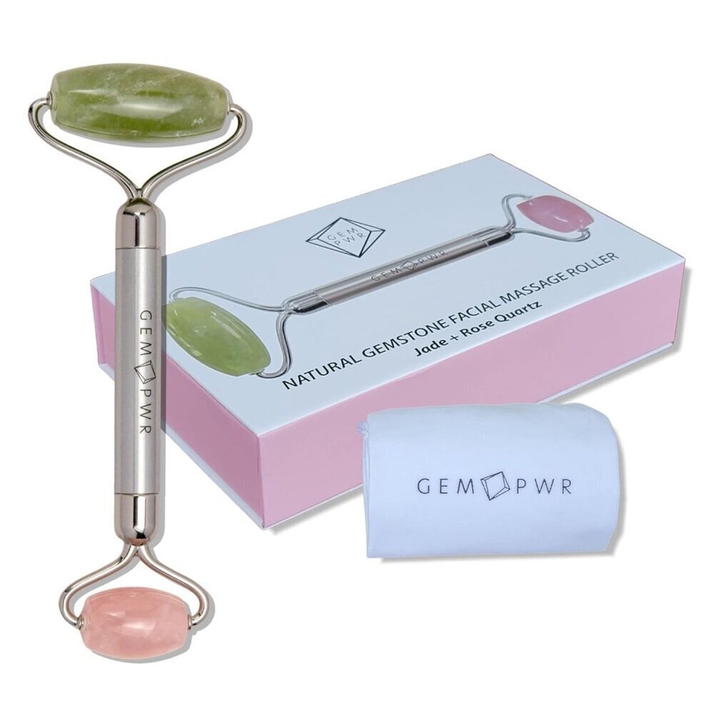 Rose Quartz + Jade Roller for Face and Neck Massage, Dual Gemstones with Durable